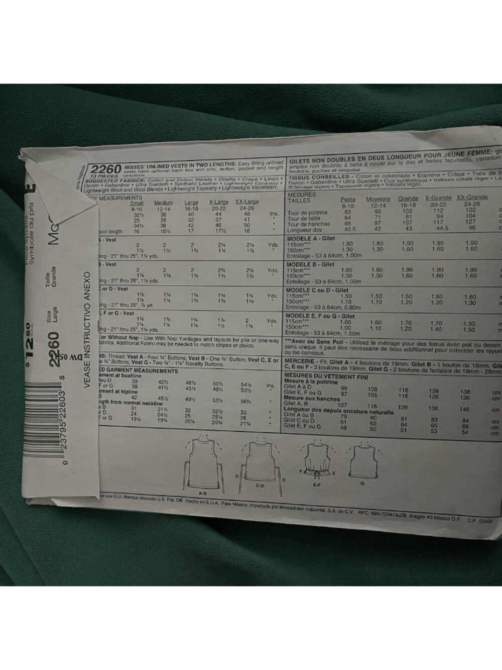 McCalls sewing Pattern 2260 Vest Size Large 16-18 Vtg - Picture 2 of 2